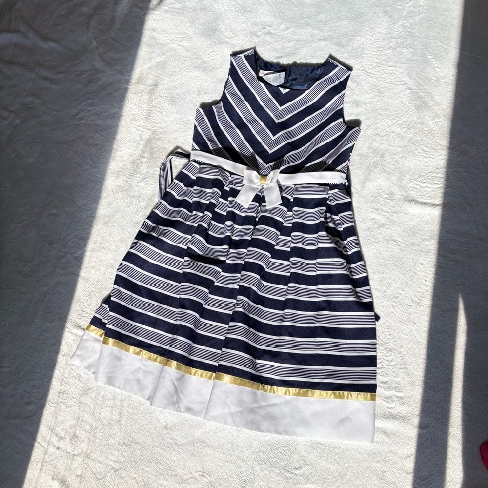 Bonnie Jean Chevron Navy Blue , gold and White Dress